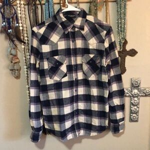 Cruel girl denim flannel size small. Blue, purple, cream